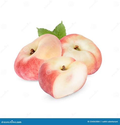 Fresh Donut Peach with Leaves Isolated on White Background Stock