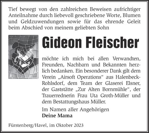 Traueranzeigen Von Gideon Fleischer M Rkische Onlinezeitung Trauerportal