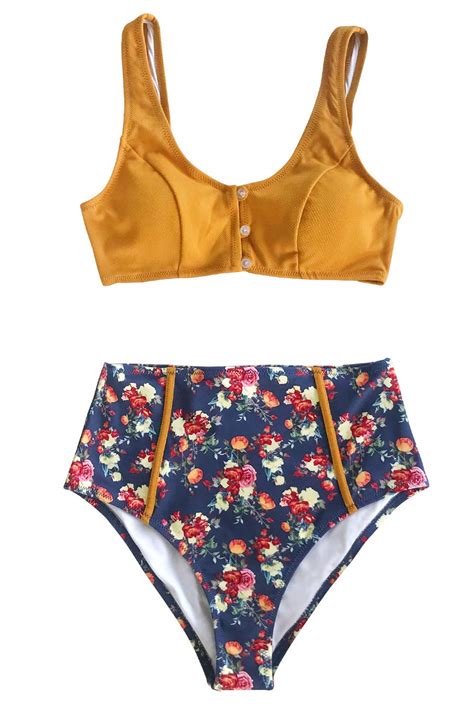 Cupshe Women S Caramel Buttons High Waist Floral Two Piece Bikini Set