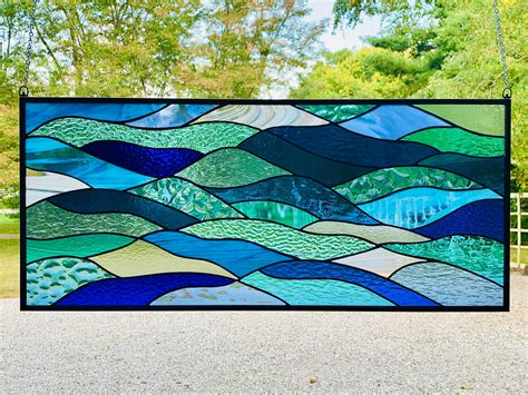 HoneyDewGlass Large Stained Glass Ocean Waves, 14 X 32,