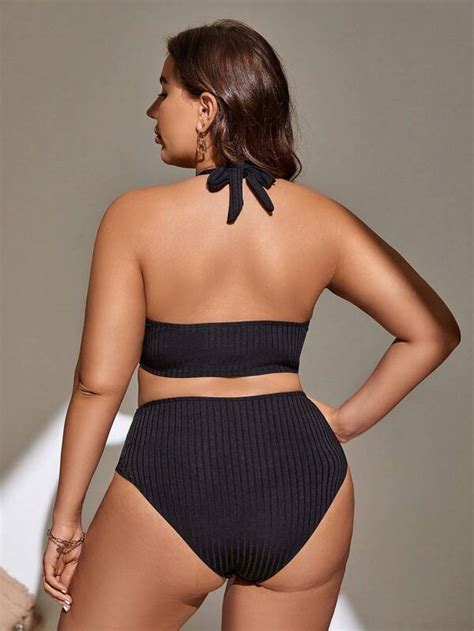 Plus Ring Linked Cut Out Halter Neck Backless One Piece Swimsuit