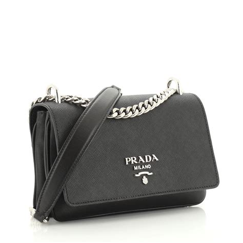 Prada Chain Flap Crossbody Bag Saffiano And Soft Calf Small Black 479162