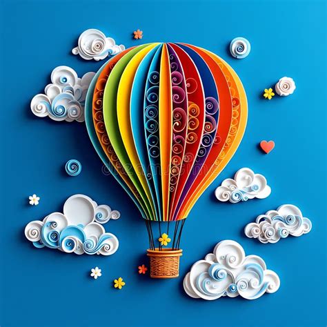 Rainbow Hot Air Balloon Soaring Amidst Whimsical Paper Clouds Stock Photo Image Of Delicate