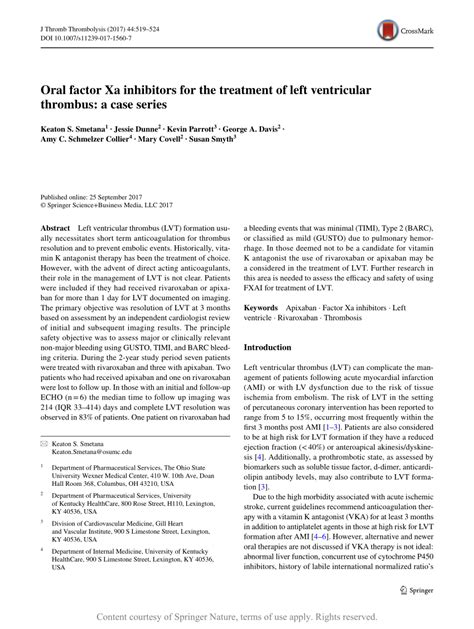 Oral Factor Xa Inhibitors For The Treatment Of Left Ventricular Thrombus A Case Series