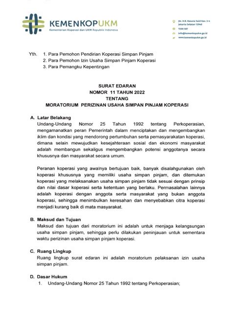 Surat Edaran Nomor 11 Tahun 2022 Tentang Moratorium Perizinan Usaha Simpan Pinjam Koperasi Pdf