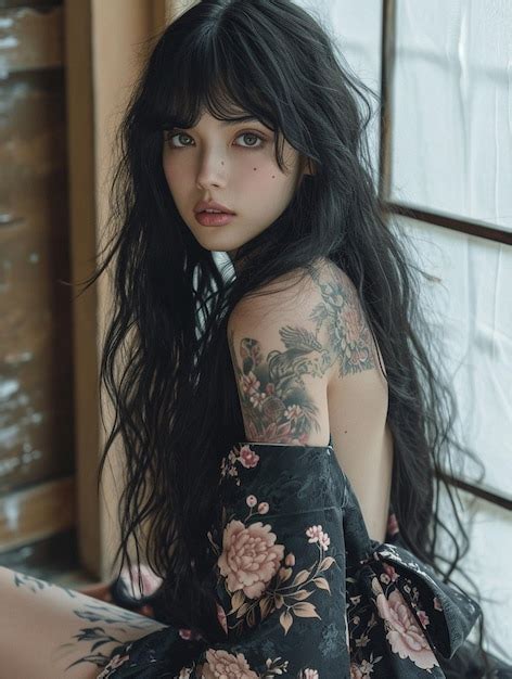 Premium Photo Hot Black Haired Japanese Girl With Tattoo Posing For A Kimono Catalogue