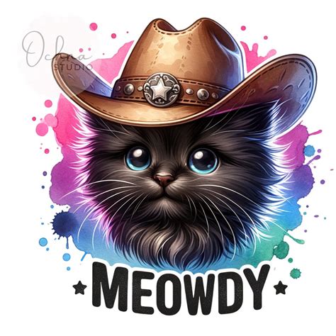 Meowdy Cowboy Cat Png Whimsical Cat Clipart Western Black Cat Cowboy