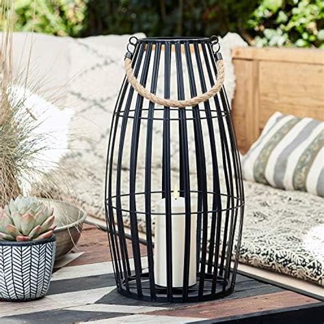 Lights4fun Outdoor Large Slatted Lantern Metal Black 45cm Rope Handle