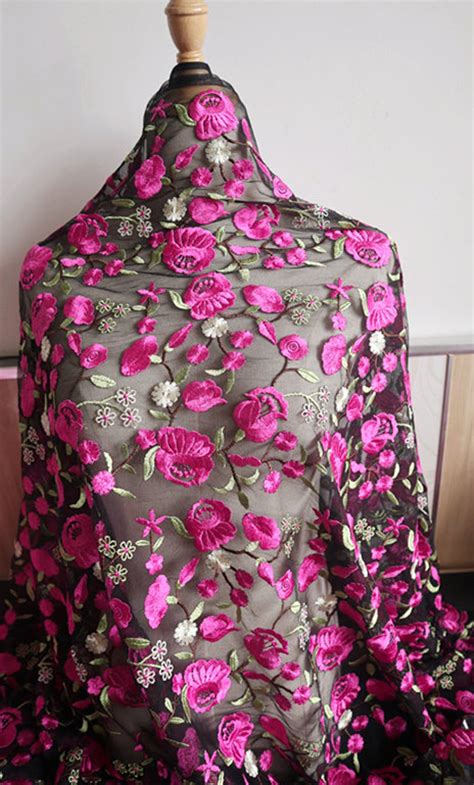 Hot Pink Embroidered Lace Fabric Fuchsia Pink Embroidery Etsy