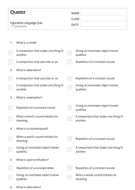 50 Figurative Language Worksheets On Quizizz Free And Printable