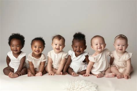 Row Of Six Multi Ethnic Babies Smiling In Studio Row Of Six Multi