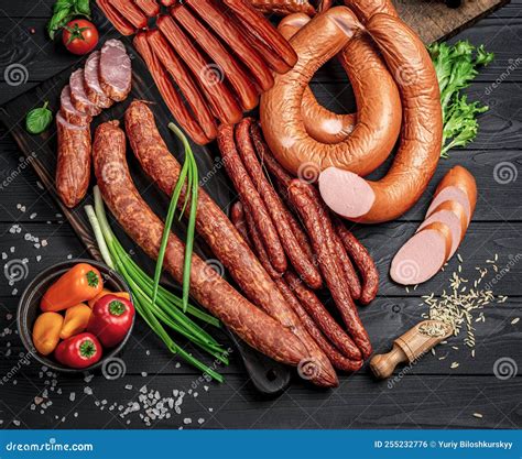 Set Of Different Types Of Smoked Sausages Stock Photo Image Of