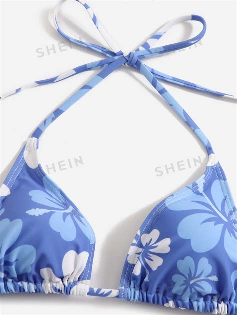 Shein Swim Summer Beach Floral Bikini Set Halter Micro Triangle Bra Bikini Bottom Cover Up