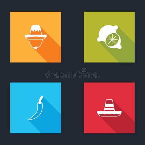 Set Mexican Sombrero Lime Hot Chili Pepper Pod And Icon Vector Stock Vector Illustration Of