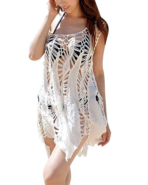 AnyuA Damen Strandkleid Bikini Cover Up Tshirt Crochet Badeanzug Strandponcho Weiß Amazon de