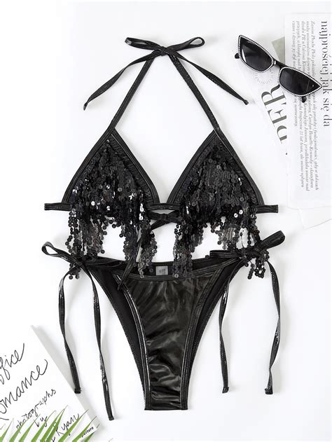 Ba Ador Bikini Micro Tri Ngulo Con Lentejuela En Contraste Halter Moda De Mujer Shein M Xico