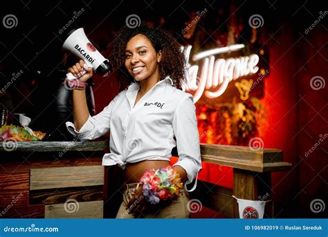 Beautiful Waitress In A Bar In White Shirt Editorial Stock Image