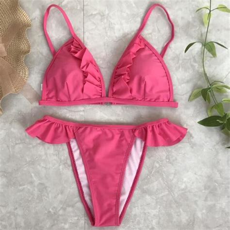 Sexy New Small Lotus Pleated Edge Pure Color Two Piece Bikini Rose Red On Luulla