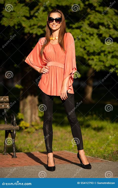 Blog Style Beautiful Brunette Woman In Fashionable Dress Posing Stock Image Image Of Nature