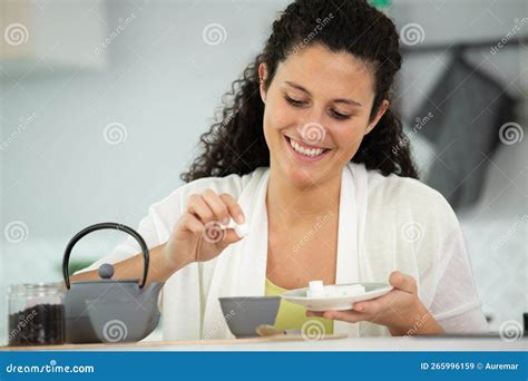 Happy Woman Throwing Sugar Into Mug Stock Image Image Of Flavour Piece 265996159