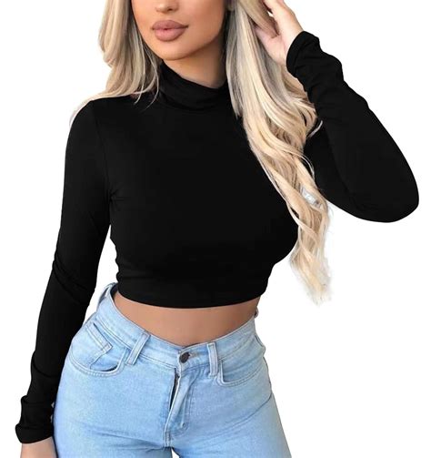 Buy Womens Basic Long Sleeve Sexy Crop Tops Turtleneck Stretchy Casual