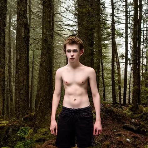 Pale Scared Shirtless Teenage Boy Hiding Behind A Stable Diffusion