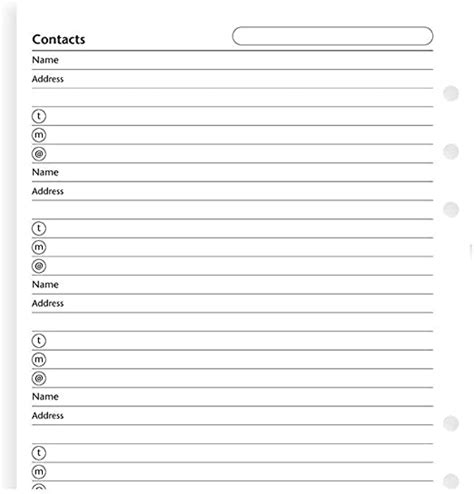 Filofax A Size Contacts Name Address And Phone Email Sheets Refill