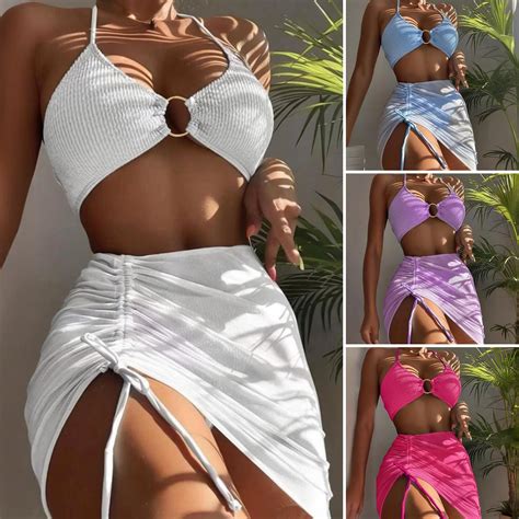 Ettsollp 3Pcs Set Women Bikini Set V Neck Halter Triangle Cup