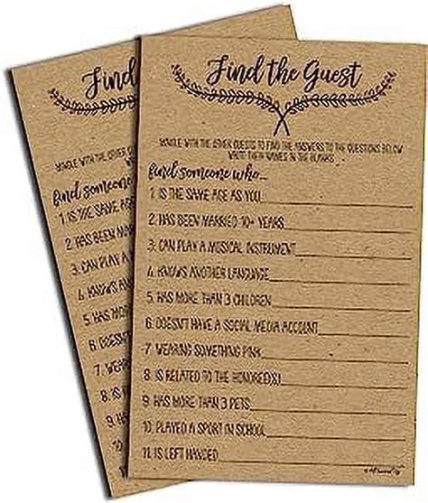 Find The Guest Game Kraft 50 Sheets Rustic Bridal Wedding Shower Or Bachelorette Party Game