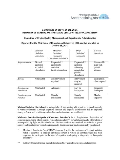 Continuum Of Depth Of Sedation Definitions Pdf Anesthesia Pain