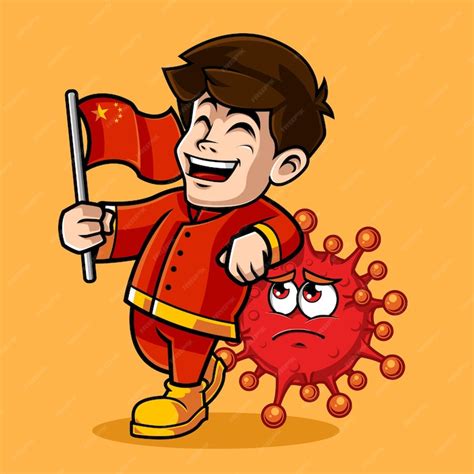 Premium Vector | Cute china boy lean on cute corona virus cartoon icon ...