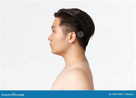 Beauty Skincare And Hygiene Concept Close Up Side View Of Asian Man Standing Nude Naked In