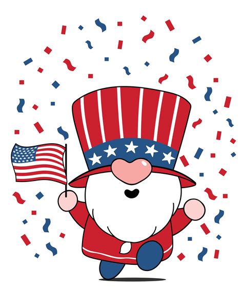 Cute Gnome With America Flag 4th Of July Dependence Day Cartoon Doodle