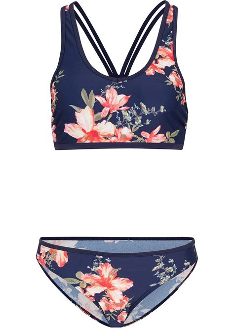 Mooie Bralette Bikini Met Een Bloemenprint Donkerblauw Roze Gebloemd