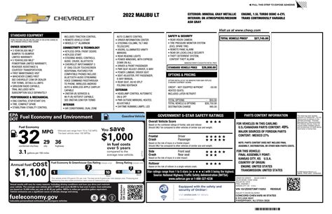 Window Sticker For 2022 Chevrolet Malibu 4dr Sdn Lt