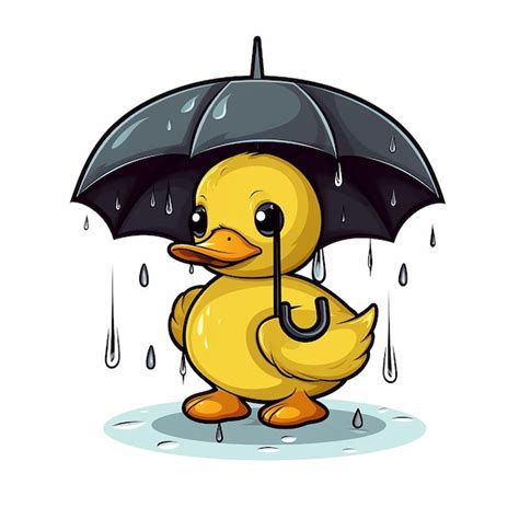 Cute Duck With Umbrella In The Rain Cartoon Icon Premium Ai Generated