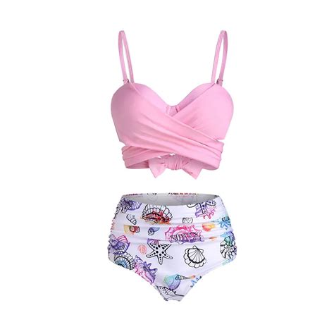 Tummy Control Bikini Set Swimsuit Shell Crossover Tied Back Ruched Beach Bathing Suit Swimwear