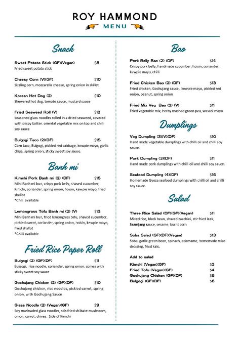 Menu At Roy Hammond Pub And Bar Ballarat Central