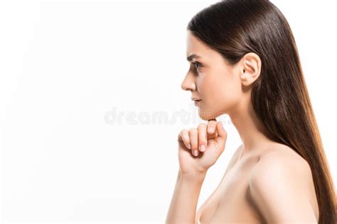 Angaben Der Brunette Jungen Airbrush Nackte Menschen Mit Dem Perfekten Hautholdingkinn Isoliert