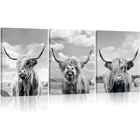 Set Of Grey Highland Cow Wall Art Rustic Wall Art For Farmhouse