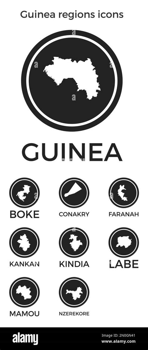 Iconos De Regiones De Guinea Logotipos Redondos Negros Con Mapas Y