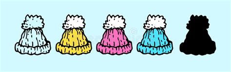 Vector Set Of Winter Hats In Bright Colors Pink Blue And White With A Pompom A Doodle Style