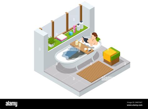 Isometric Woman Taking Bath Full Of Soap Foam Body Hygiene Relaxing