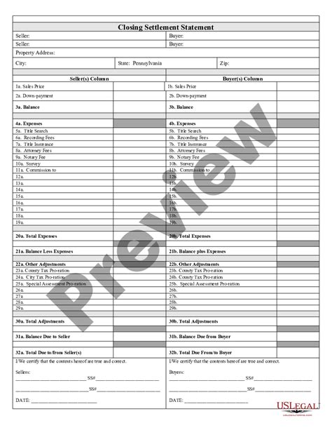 Pennsylvania Closing Statement - Closing Statement Form | US Legal Forms