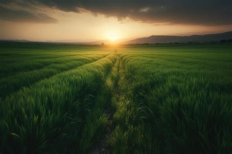 Premium Ai Image Green Fields At Sunset Generative Ai