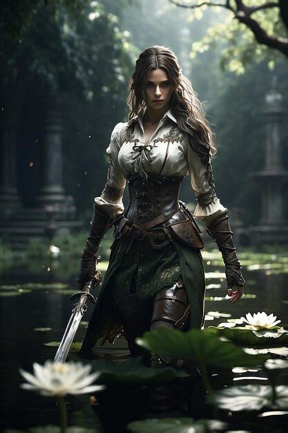 Premium Photo A Gorgeous Brunette Green Flowery Pattern Skirt Walking Along A Lively Pond With