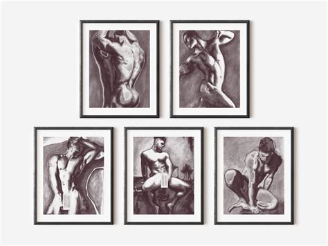 Male Figure Art Set Of 5 Gay Art Prints Full Frontal Nudity Gay Male Watercolor Art Print