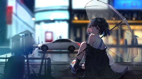 Anime Girls Simple Background Outdoors Umbrella Looking Back Short Hair