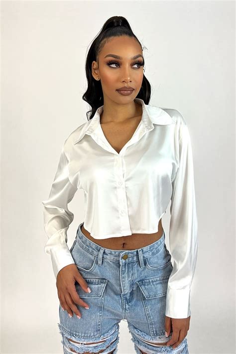 Bella Satin Cropped Shirt Long Sleeve Cropped Top Outfits Crop Shirt