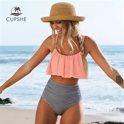 Cupshe Pink And Stripe High Waisted Bikini Sets Sexy Tank Top Swimsuit Two Pieces Swimwear Women